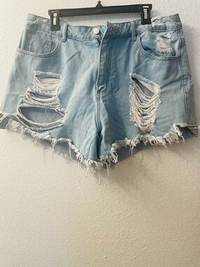 SHEIN Light Blue Ripped Frayed Denim Shorts